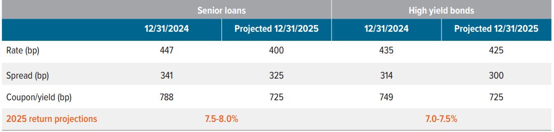 We project that leveraged credit markets will deliver attractive returns in 2025, driven by high starting yields 