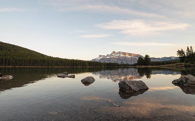 Forest reflection over a calm lake with mountain in the background